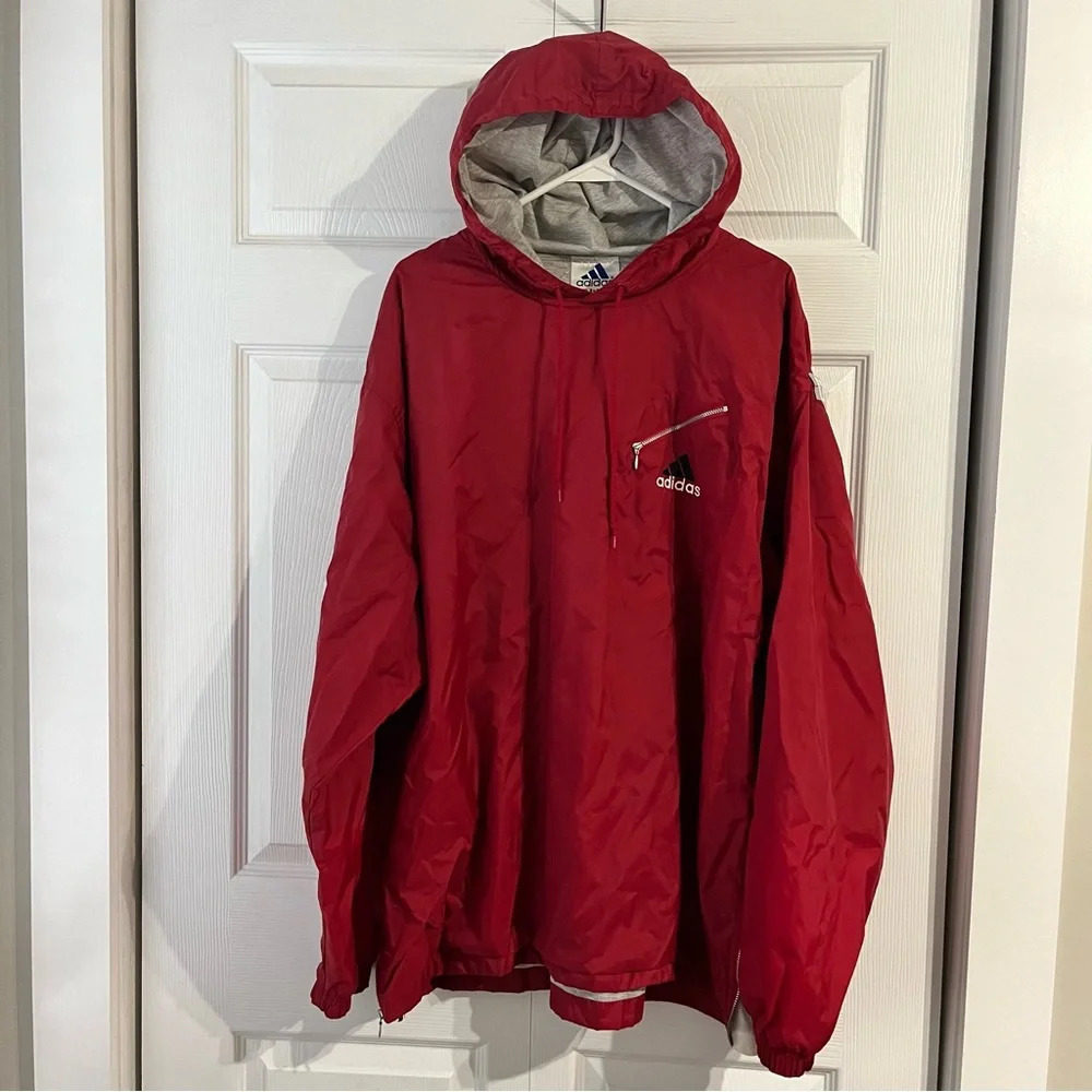 Vtg Adidas Red Windbreaker Track Jacket Pullover Lined Hooded Side Zip Size XLT